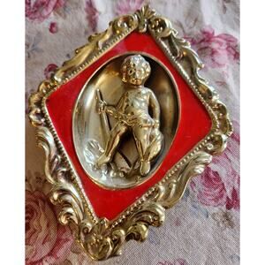 Vintage Cupid Cherub Romance Red Gold Ceramic Wall Plaque Decor Valentine's Gift